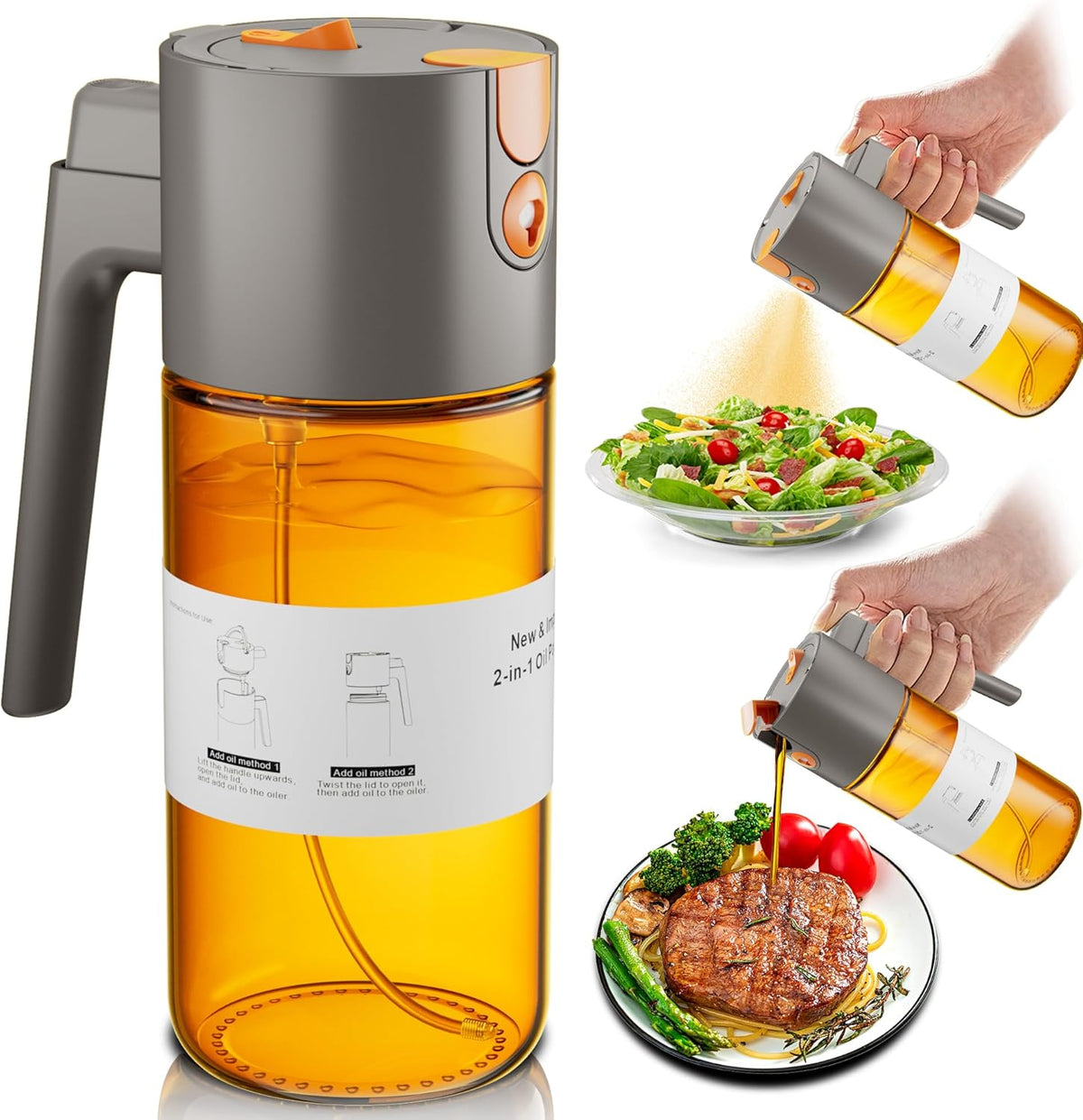 Olive Oil Sprayer & Dispenser Bottle for Cooking 17oz Dark Glass Oil Mister | 2-in-1 Sprayer & Pourer, Fine mist, Leakproof, Light-Blocking, Wide Mouth for Easy Refill & Clean, 8 Oil Labels, Reusable