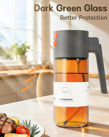 Olive Oil Sprayer & Dispenser Bottle for Cooking 17oz Dark Glass Oil Mister | 2-in-1 Sprayer & Pourer, Fine mist, Leakproof, Light-Blocking, Wide Mouth for Easy Refill & Clean, 8 Oil Labels, Reusable
