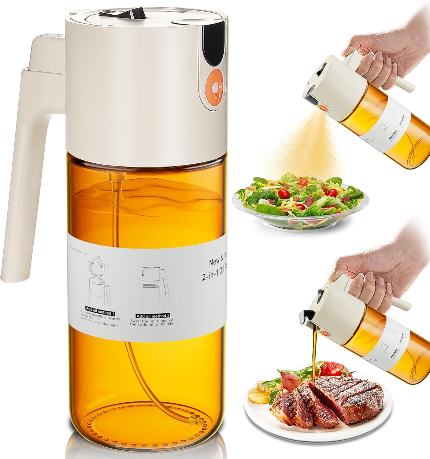 Olive Oil Sprayer & Dispenser Bottle for Cooking 17oz Dark Glass Oil Mister | 2-in-1 Sprayer & Pourer, Fine mist, Leakproof, Light-Blocking, Wide Mouth for Easy Refill & Clean, 8 Oil Labels, Reusable