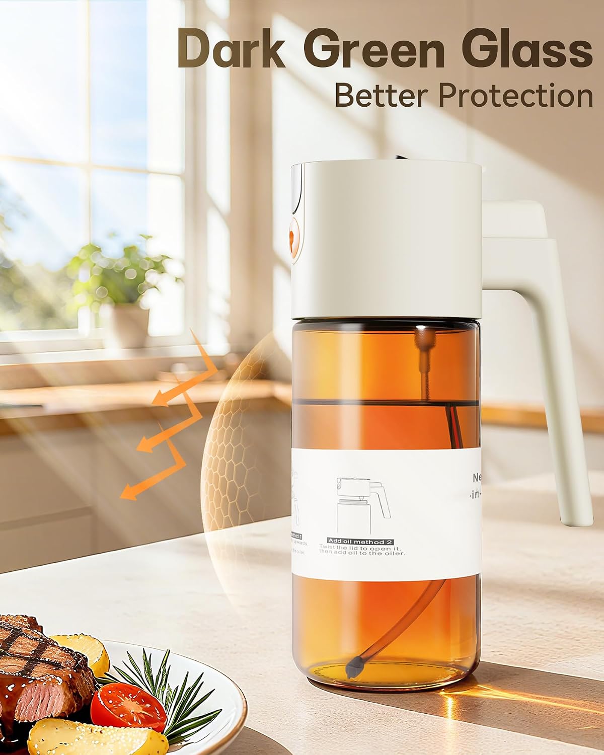Olive Oil Sprayer & Dispenser Bottle for Cooking 17oz Dark Glass Oil Mister | 2-in-1 Sprayer & Pourer, Fine mist, Leakproof, Light-Blocking, Wide Mouth for Easy Refill & Clean, 8 Oil Labels, Reusable