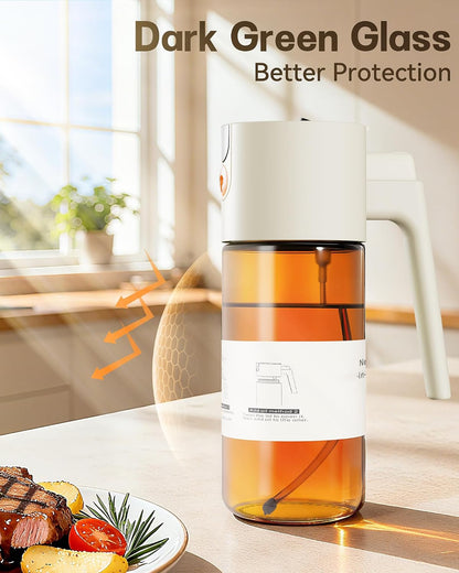 Olive Oil Sprayer & Dispenser Bottle for Cooking 17oz Dark Glass Oil Mister | 2-in-1 Sprayer & Pourer, Fine mist, Leakproof, Light-Blocking, Wide Mouth for Easy Refill & Clean, 8 Oil Labels, Reusable