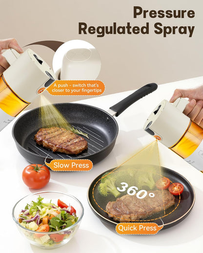 Olive Oil Sprayer & Dispenser Bottle for Cooking 17oz Dark Glass Oil Mister | 2-in-1 Sprayer & Pourer, Fine mist, Leakproof, Light-Blocking, Wide Mouth for Easy Refill & Clean, 8 Oil Labels, Reusable