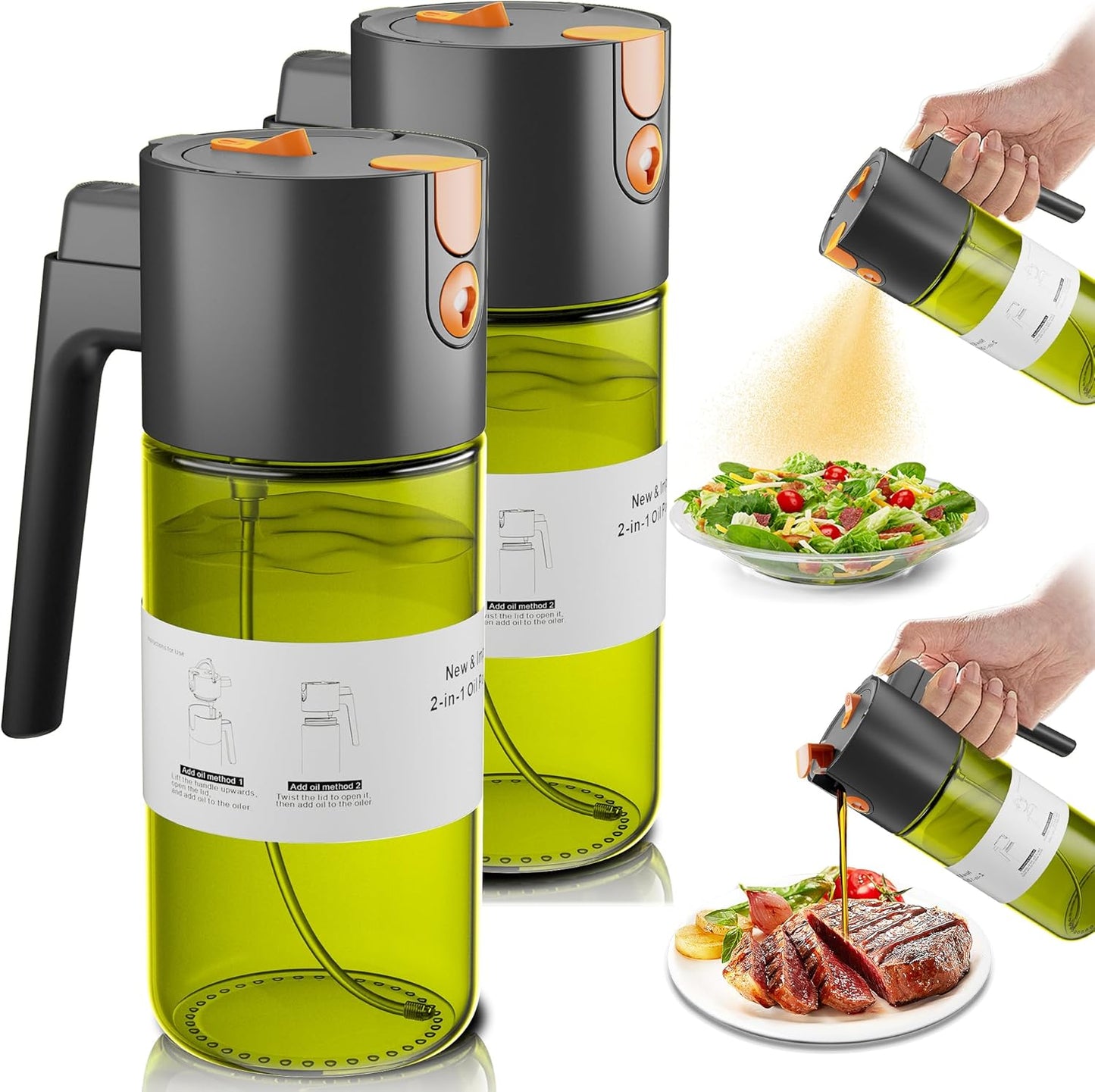 Olive Oil Sprayer & Dispenser Bottle for Cooking 17oz Dark Glass Oil Mister | 2-in-1 Sprayer & Pourer, Fine mist, Leakproof, Light-Blocking, Wide Mouth for Easy Refill & Clean, 8 Oil Labels, Reusable