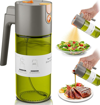 Olive Oil Sprayer & Dispenser Bottle for Cooking 17oz Dark Glass Oil Mister | 2-in-1 Sprayer & Pourer, Fine mist, Leakproof, Light-Blocking, Wide Mouth for Easy Refill & Clean, 8 Oil Labels, Reusable
