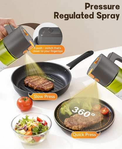 Olive Oil Sprayer & Dispenser Bottle for Cooking 17oz Dark Glass Oil Mister | 2-in-1 Sprayer & Pourer, Fine mist, Leakproof, Light-Blocking, Wide Mouth for Easy Refill & Clean, 8 Oil Labels, Reusable
