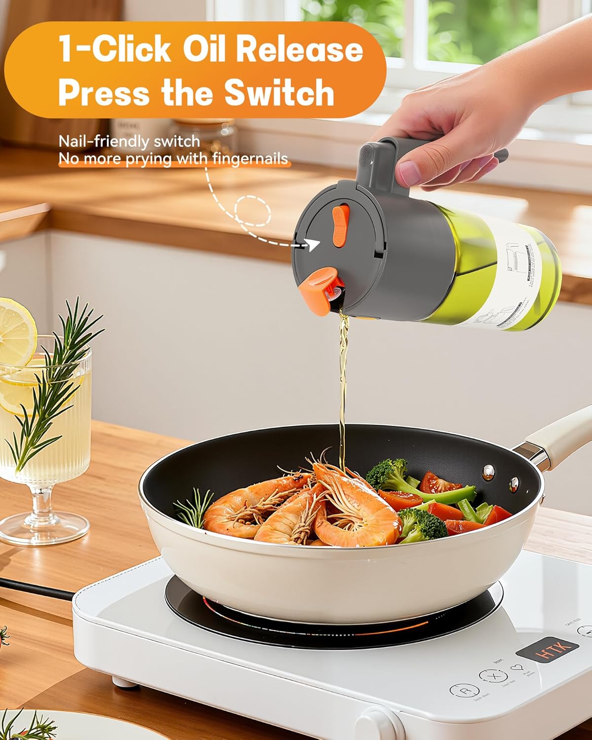Olive Oil Sprayer & Dispenser Bottle for Cooking 17oz Dark Glass Oil Mister | 2-in-1 Sprayer & Pourer, Fine mist, Leakproof, Light-Blocking, Wide Mouth for Easy Refill & Clean, 8 Oil Labels, Reusable