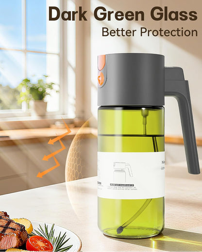 Olive Oil Sprayer & Dispenser Bottle for Cooking 17oz Dark Glass Oil Mister | 2-in-1 Sprayer & Pourer, Fine mist, Leakproof, Light-Blocking, Wide Mouth for Easy Refill & Clean, 8 Oil Labels, Reusable