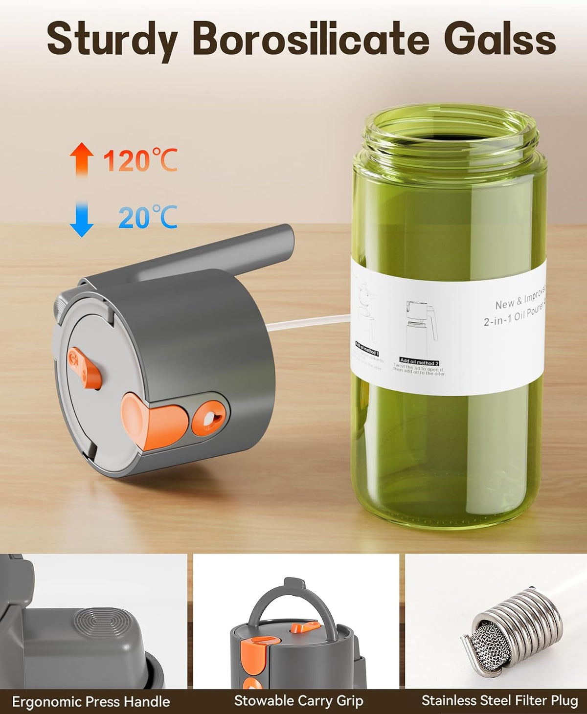 Olive Oil Sprayer & Dispenser Bottle for Cooking 17oz Dark Glass Oil Mister | 2-in-1 Sprayer & Pourer, Fine mist, Leakproof, Light-Blocking, Wide Mouth for Easy Refill & Clean, 8 Oil Labels, Reusable