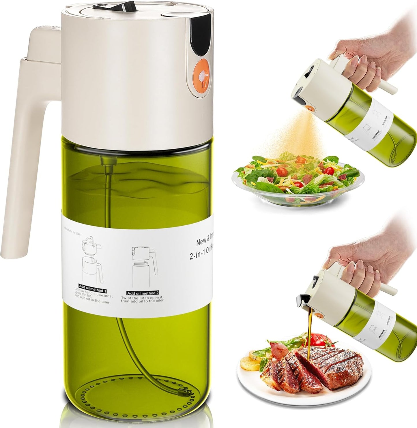 Olive Oil Sprayer & Dispenser Bottle for Cooking 17oz Dark Glass Oil Mister | 2-in-1 Sprayer & Pourer, Fine mist, Leakproof, Light-Blocking, Wide Mouth for Easy Refill & Clean, 8 Oil Labels, Reusable