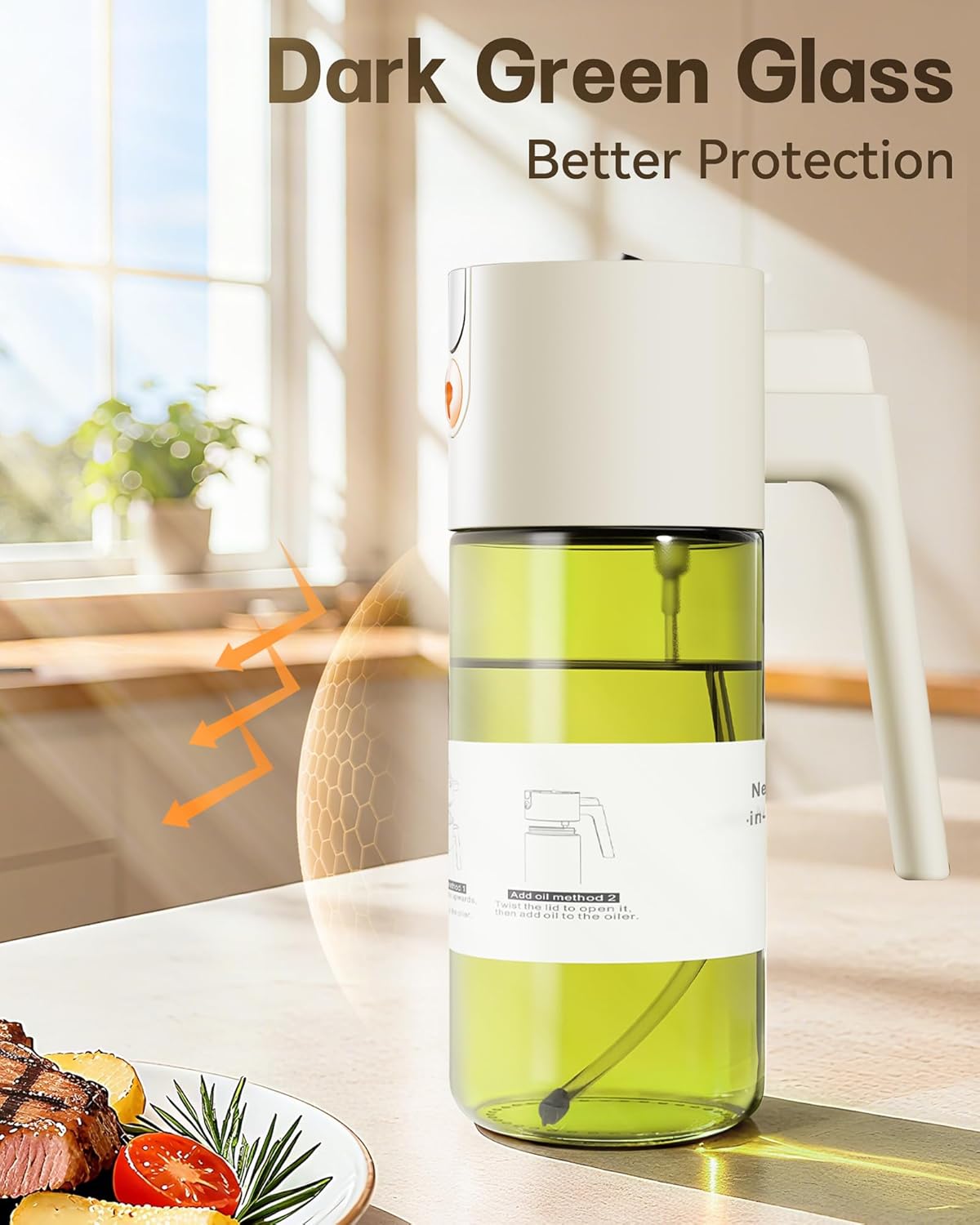 Olive Oil Sprayer & Dispenser Bottle for Cooking 17oz Dark Glass Oil Mister | 2-in-1 Sprayer & Pourer, Fine mist, Leakproof, Light-Blocking, Wide Mouth for Easy Refill & Clean, 8 Oil Labels, Reusable