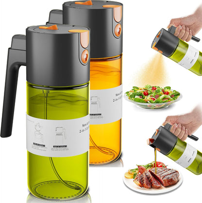 Olive Oil Sprayer & Dispenser Bottle for Cooking 17oz Dark Glass Oil Mister | 2-in-1 Sprayer & Pourer, Fine mist, Leakproof, Light-Blocking, Wide Mouth for Easy Refill & Clean, 8 Oil Labels, Reusable