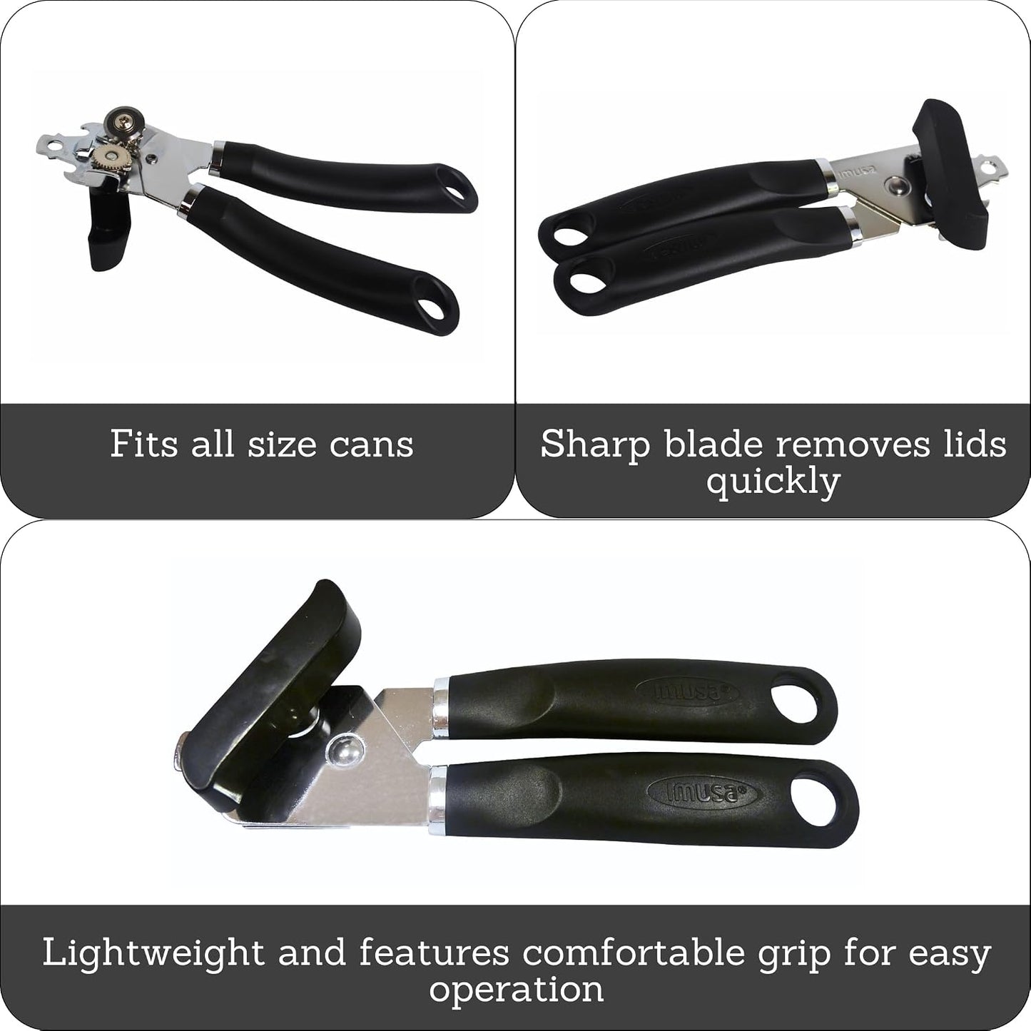 Imusa USA Easy to Use Manual Chef Can Opener, Black | Mirror-Polished Finish, Ergonomic Nylon Handle, Works As Lever and Bottle Opener, Essential for Any Kitchen