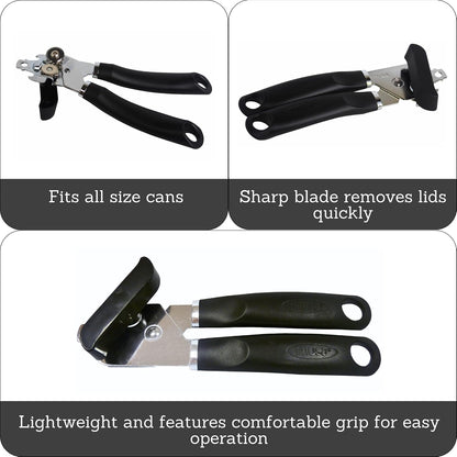 Imusa USA Easy to Use Manual Chef Can Opener, Black | Mirror-Polished Finish, Ergonomic Nylon Handle, Works As Lever and Bottle Opener, Essential for Any Kitchen