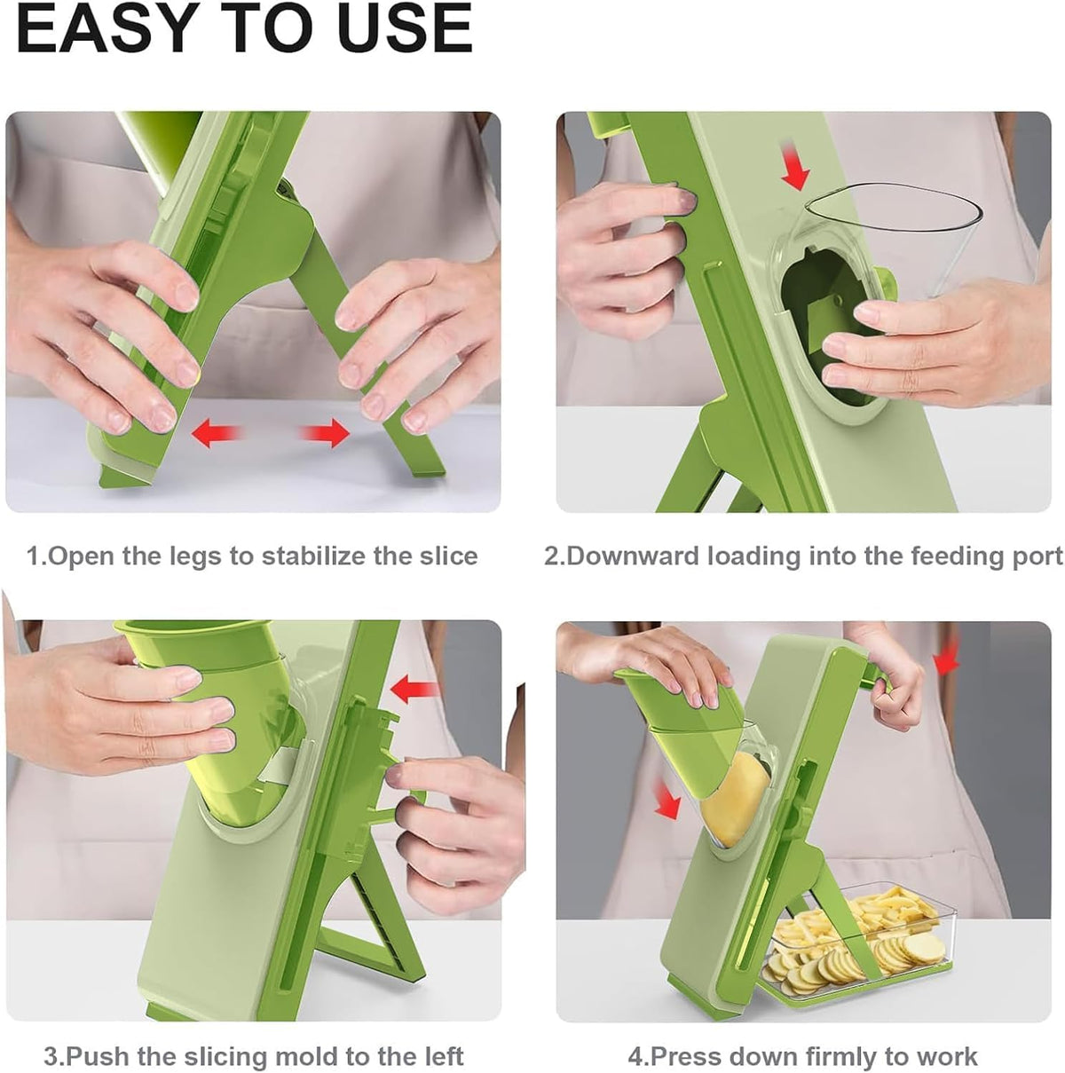 Safe Mandoline Slicer for Kitchen, Vegetable Slicer with Container, French Fry Cutter, All in 1 Julienne Slicer for Potato, Thickness Adjustable, Detachable Blade (Green)