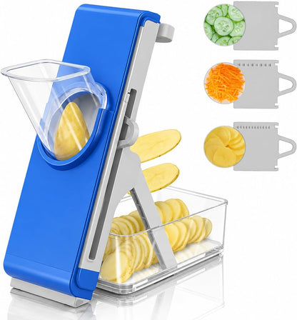 Safe Mandoline Slicer for Kitchen, Vegetable Slicer with Container, French Fry Cutter, All in 1 Julienne Slicer for Potato, Thickness Adjustable, Detachable Blade (Green)
