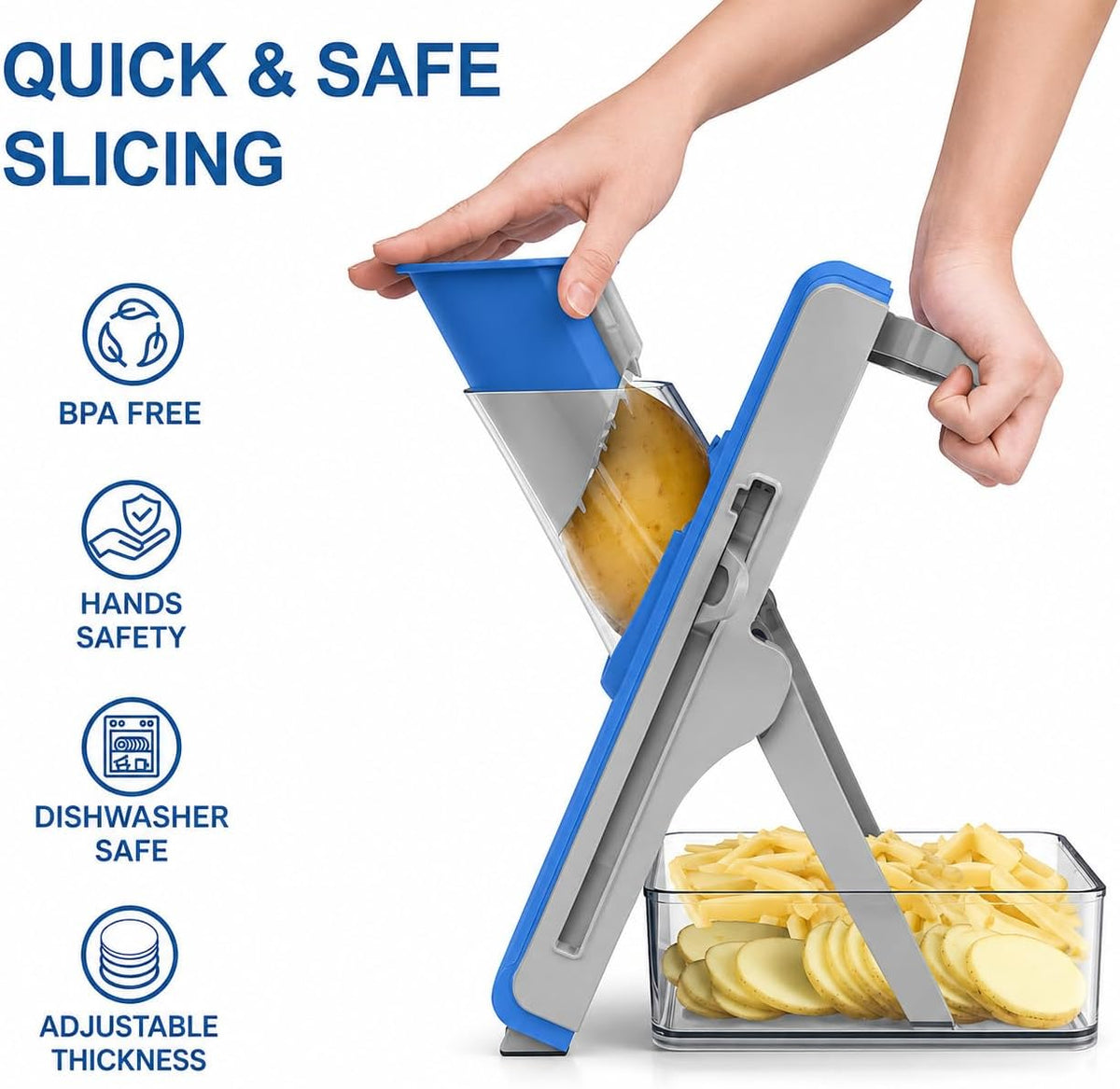 Safe Mandoline Slicer for Kitchen, Vegetable Slicer with Container, French Fry Cutter, All in 1 Julienne Slicer for Potato, Thickness Adjustable, Detachable Blade (Green)
