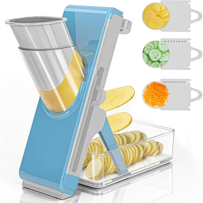 Safe Mandoline Slicer for Kitchen, Vegetable Slicer with Container, French Fry Cutter, All in 1 Julienne Slicer for Potato, Thickness Adjustable, Detachable Blade (Green)