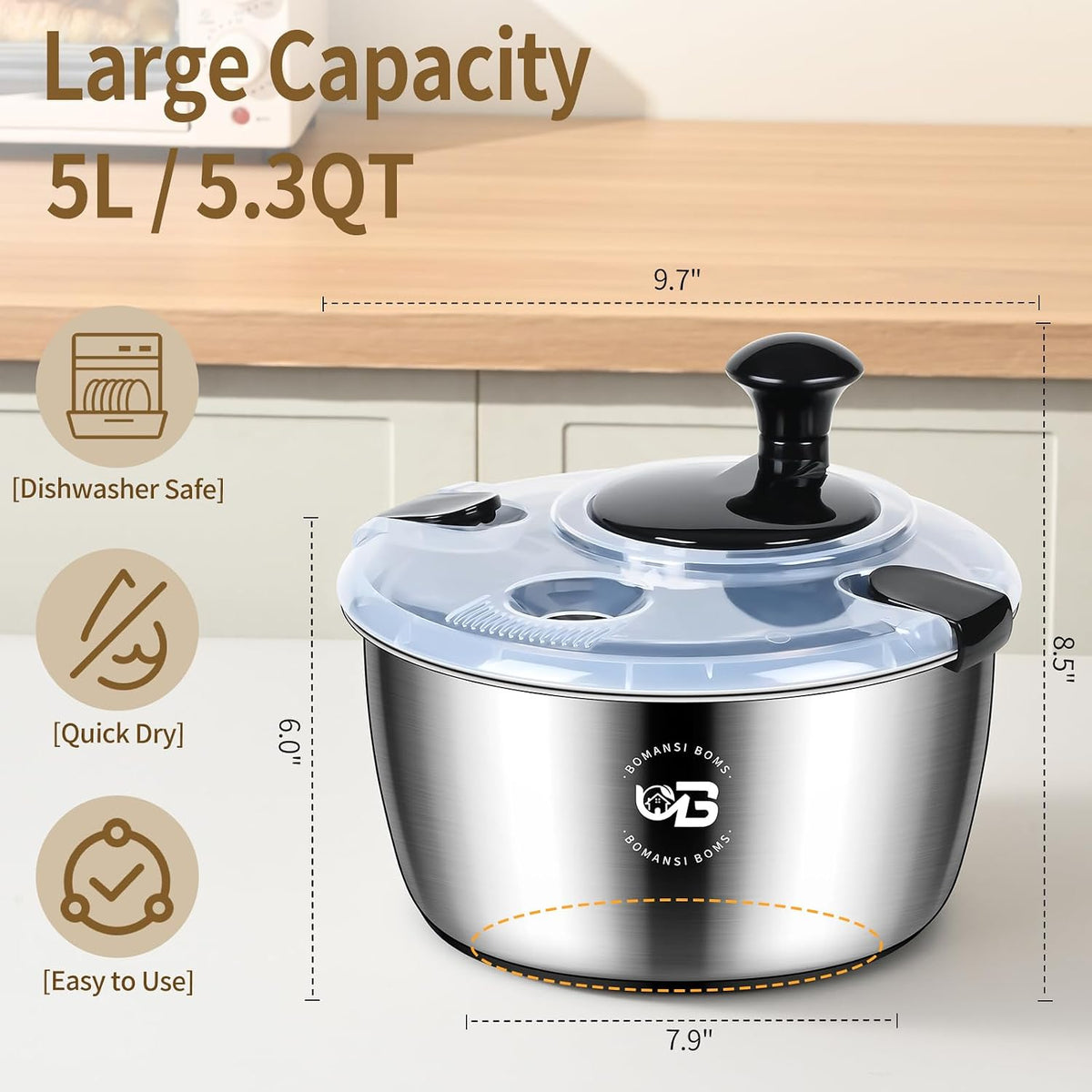 5.3 Qt Stainless Steel Salad Spinner, Vegetable Spinners, Lettuce Spinner, Fruit Washer, Large Salad Spinners, Dishwasher Safe, 304 Stainless Steel Bowl & Basket