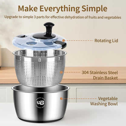 5.3 Qt Stainless Steel Salad Spinner, Vegetable Spinners, Lettuce Spinner, Fruit Washer, Large Salad Spinners, Dishwasher Safe, 304 Stainless Steel Bowl & Basket