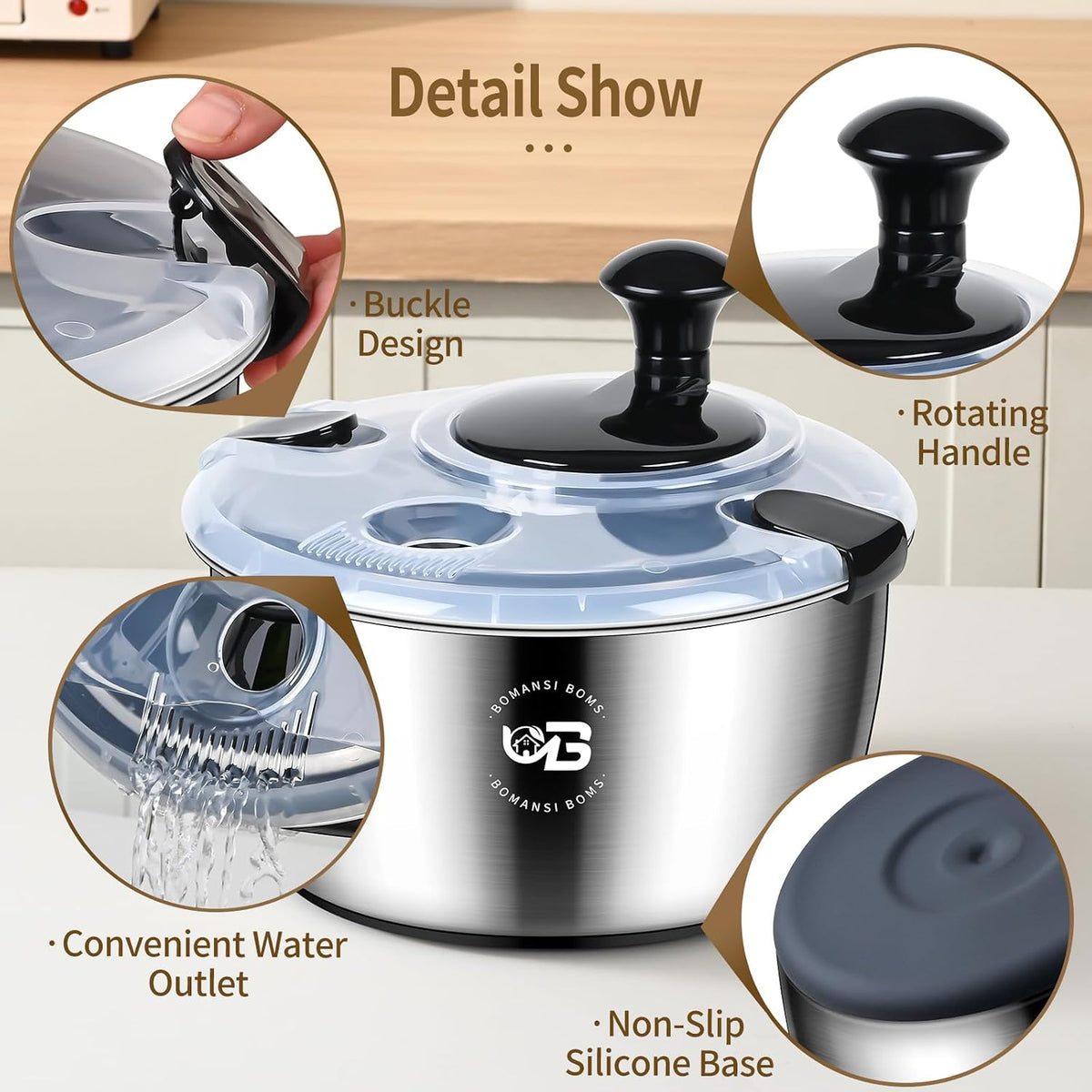 5.3 Qt Stainless Steel Salad Spinner, Vegetable Spinners, Lettuce Spinner, Fruit Washer, Large Salad Spinners, Dishwasher Safe, 304 Stainless Steel Bowl & Basket