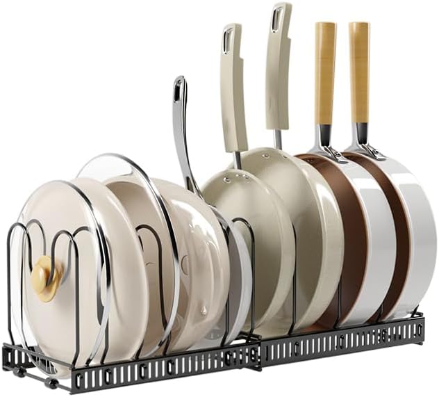 Expandable Pots and Pans Organizer Rack, Pot Lid Kitchen Cabinet Organizer Holder with 10 Adjustable Compartment, Cookware Rack for Kitchen Cabinet Storage, Black