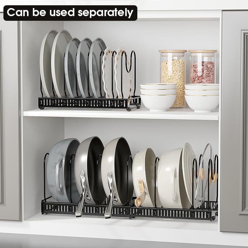 Expandable Pots and Pans Organizer Rack, Pot Lid Kitchen Cabinet Organizer Holder with 10 Adjustable Compartment, Cookware Rack for Kitchen Cabinet Storage, Black