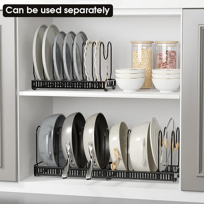 Expandable Pots and Pans Organizer Rack, Pot Lid Kitchen Cabinet Organizer Holder with 10 Adjustable Compartment, Cookware Rack for Kitchen Cabinet Storage, Black