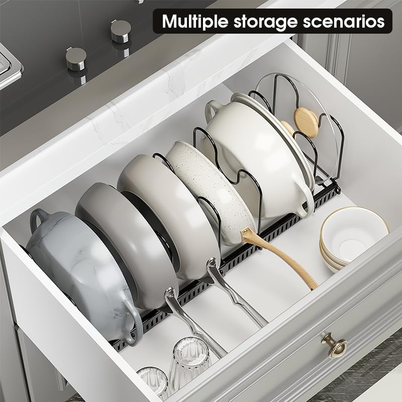 Expandable Pots and Pans Organizer Rack, Pot Lid Kitchen Cabinet Organizer Holder with 10 Adjustable Compartment, Cookware Rack for Kitchen Cabinet Storage, Black