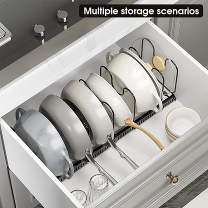 Expandable Pots and Pans Organizer Rack, Pot Lid Kitchen Cabinet Organizer Holder with 10 Adjustable Compartment, Cookware Rack for Kitchen Cabinet Storage, Black
