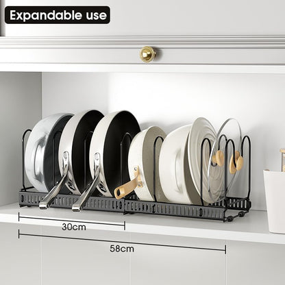 Expandable Pots and Pans Organizer Rack, Pot Lid Kitchen Cabinet Organizer Holder with 10 Adjustable Compartment, Cookware Rack for Kitchen Cabinet Storage, Black