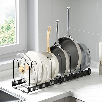 Expandable Pots and Pans Organizer Rack, Pot Lid Kitchen Cabinet Organizer Holder with 10 Adjustable Compartment, Cookware Rack for Kitchen Cabinet Storage, Black