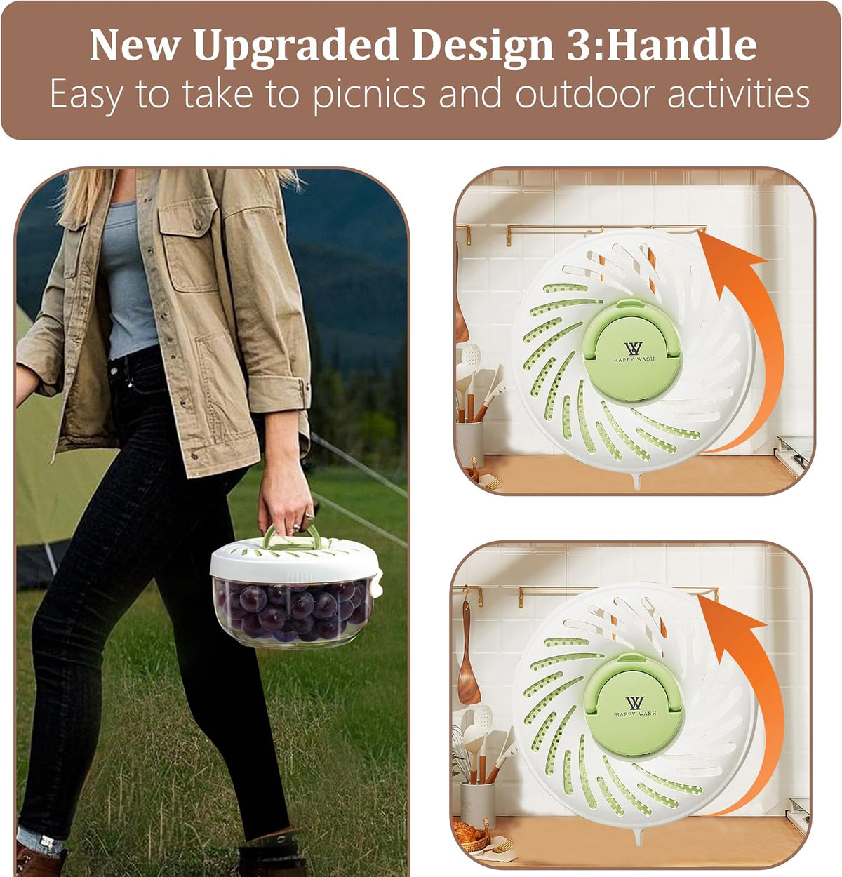 Fruit Washing Bowl with Strainer and Lid with Handle, Portable Strainers and Colander for Kitchen, Vegetable Wash Drain Basket, 3 in 1 Berry Fruit Storage Containers for Fridge Kitchen Picnic Outdoor