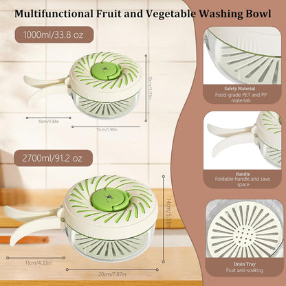 Fruit Washing Bowl with Strainer and Lid with Handle, Portable Strainers and Colander for Kitchen, Vegetable Wash Drain Basket, 3 in 1 Berry Fruit Storage Containers for Fridge Kitchen Picnic Outdoor