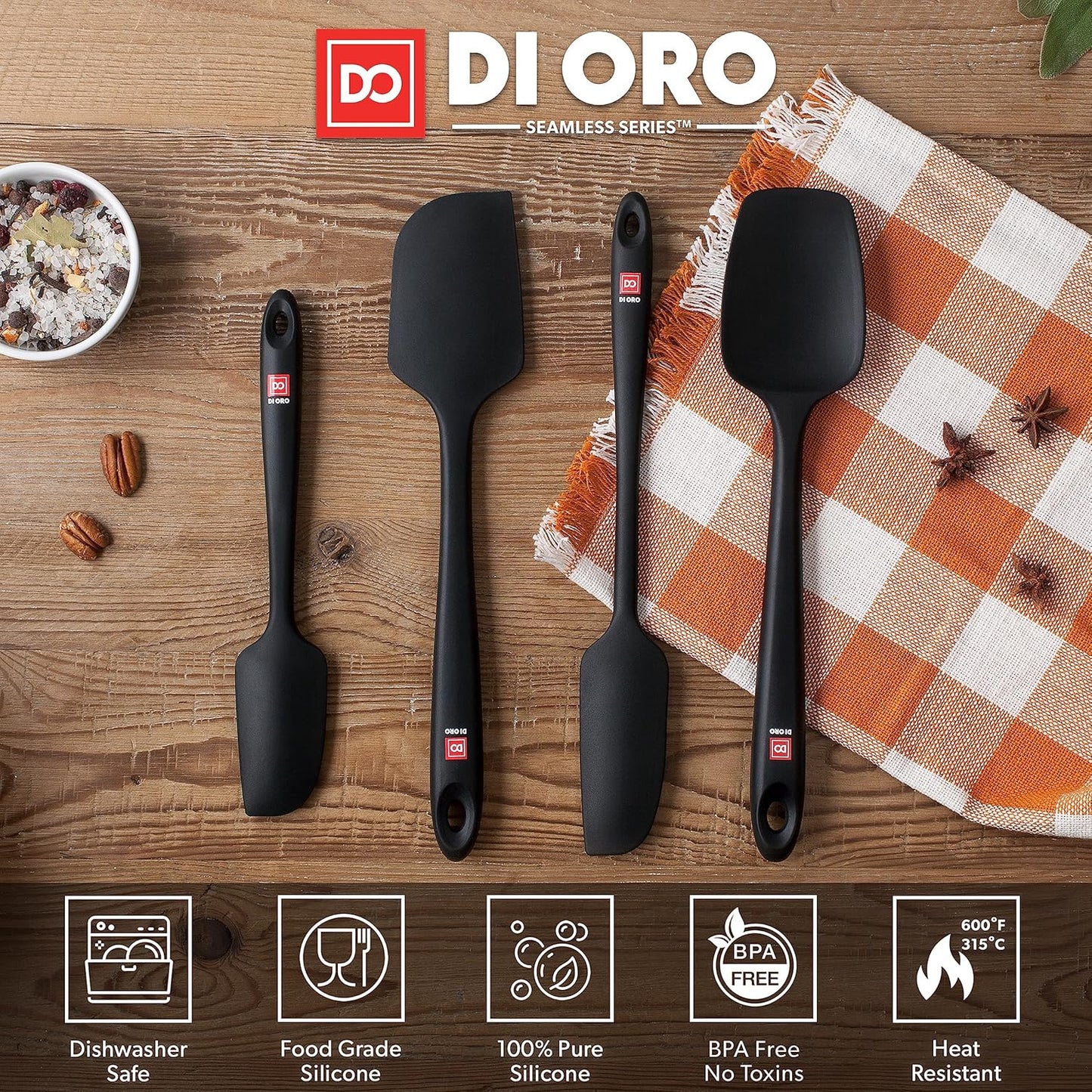 Silicone Spatula Set - Rubber Kitchen Spatulas for Baking, Cooking, & Mixing - 600°F Heat-Resistant & BPA Free Silicone Scraper Spatulas for Nonstick Cookware - Dishwasher Safe (4pc, Black)