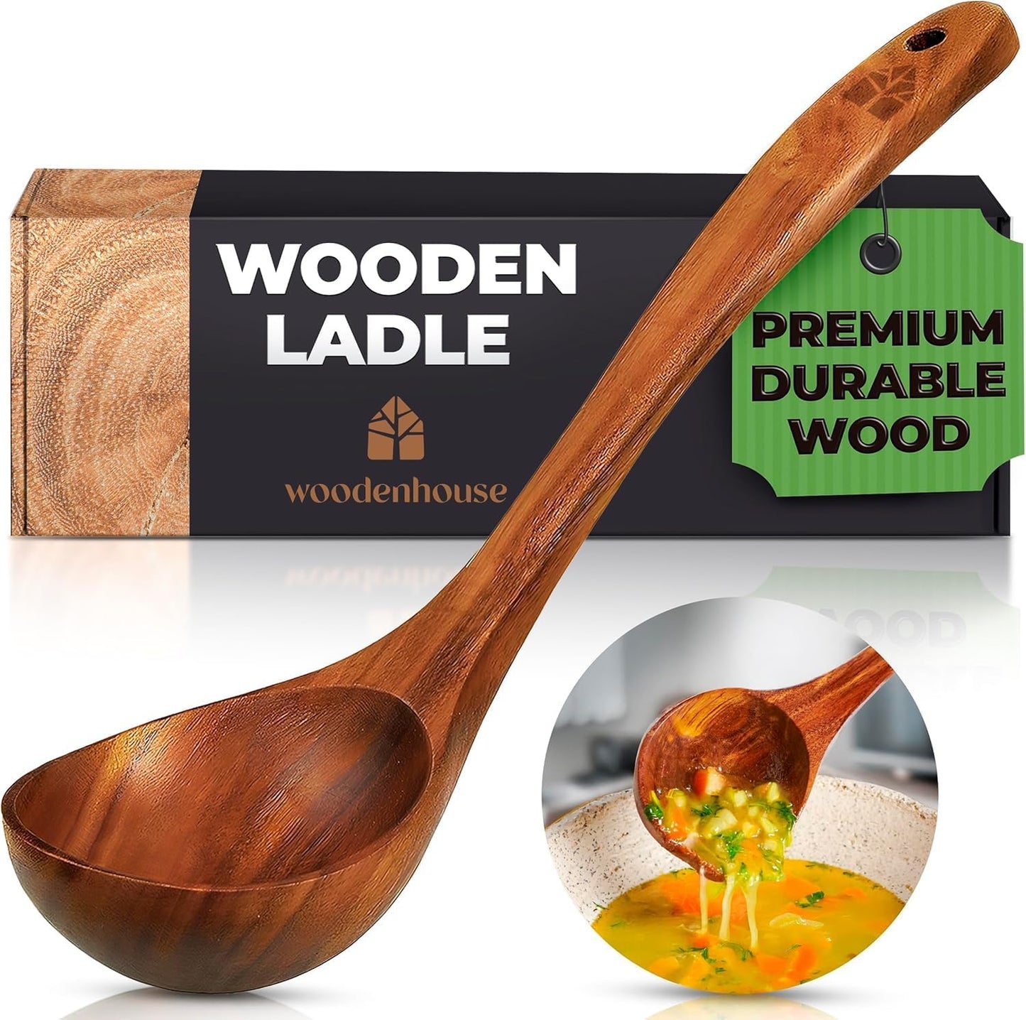 Wooden Ladle for Cooking, Soup Spoon Ladle – Teak Wooden Serving Spoon | Food-Safe, Natural & Sustainable – Non-Scratch & Responsibly Sourced, Great for Broth & Sauces