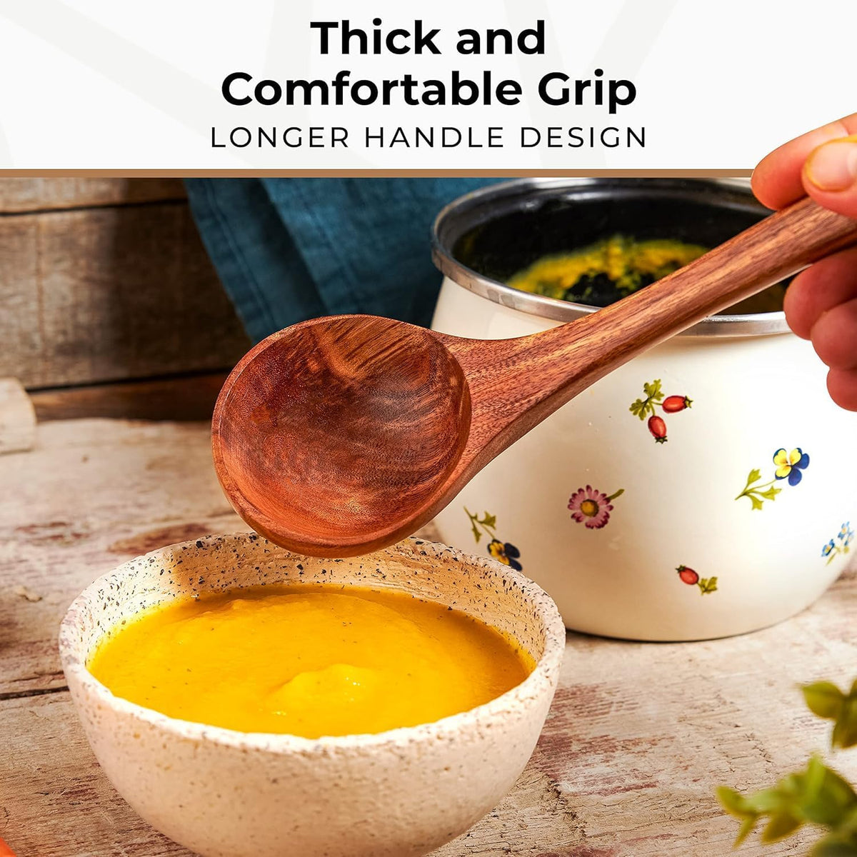Wooden Ladle for Cooking, Soup Spoon Ladle – Teak Wooden Serving Spoon | Food-Safe, Natural & Sustainable – Non-Scratch & Responsibly Sourced, Great for Broth & Sauces