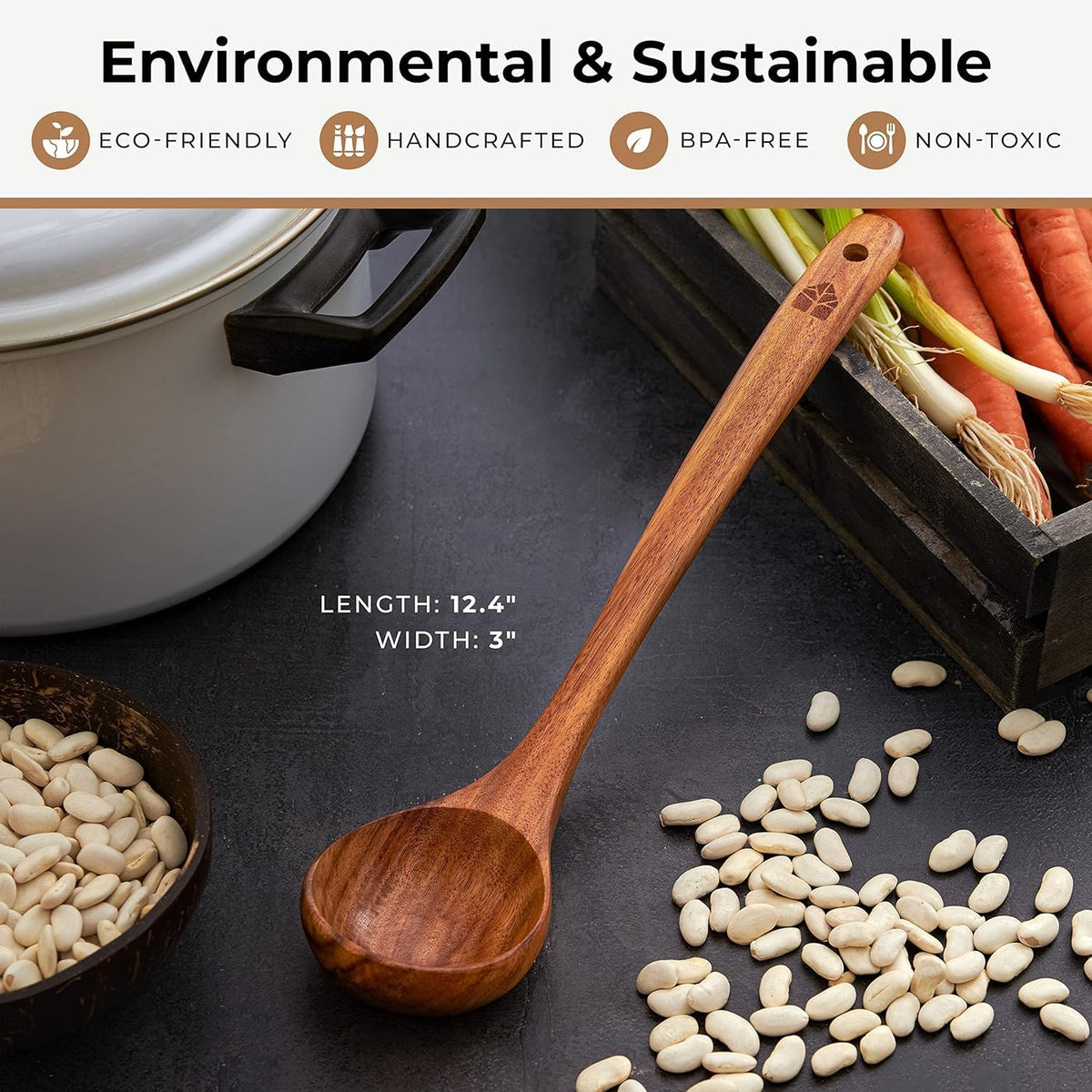 Wooden Ladle for Cooking, Soup Spoon Ladle – Teak Wooden Serving Spoon | Food-Safe, Natural & Sustainable – Non-Scratch & Responsibly Sourced, Great for Broth & Sauces