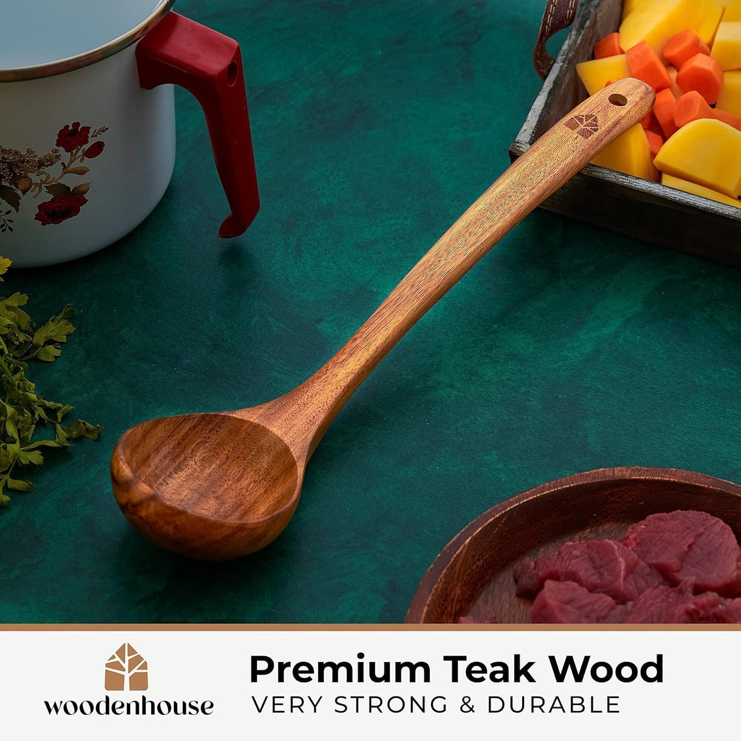 Wooden Ladle for Cooking, Soup Spoon Ladle – Teak Wooden Serving Spoon | Food-Safe, Natural & Sustainable – Non-Scratch & Responsibly Sourced, Great for Broth & Sauces