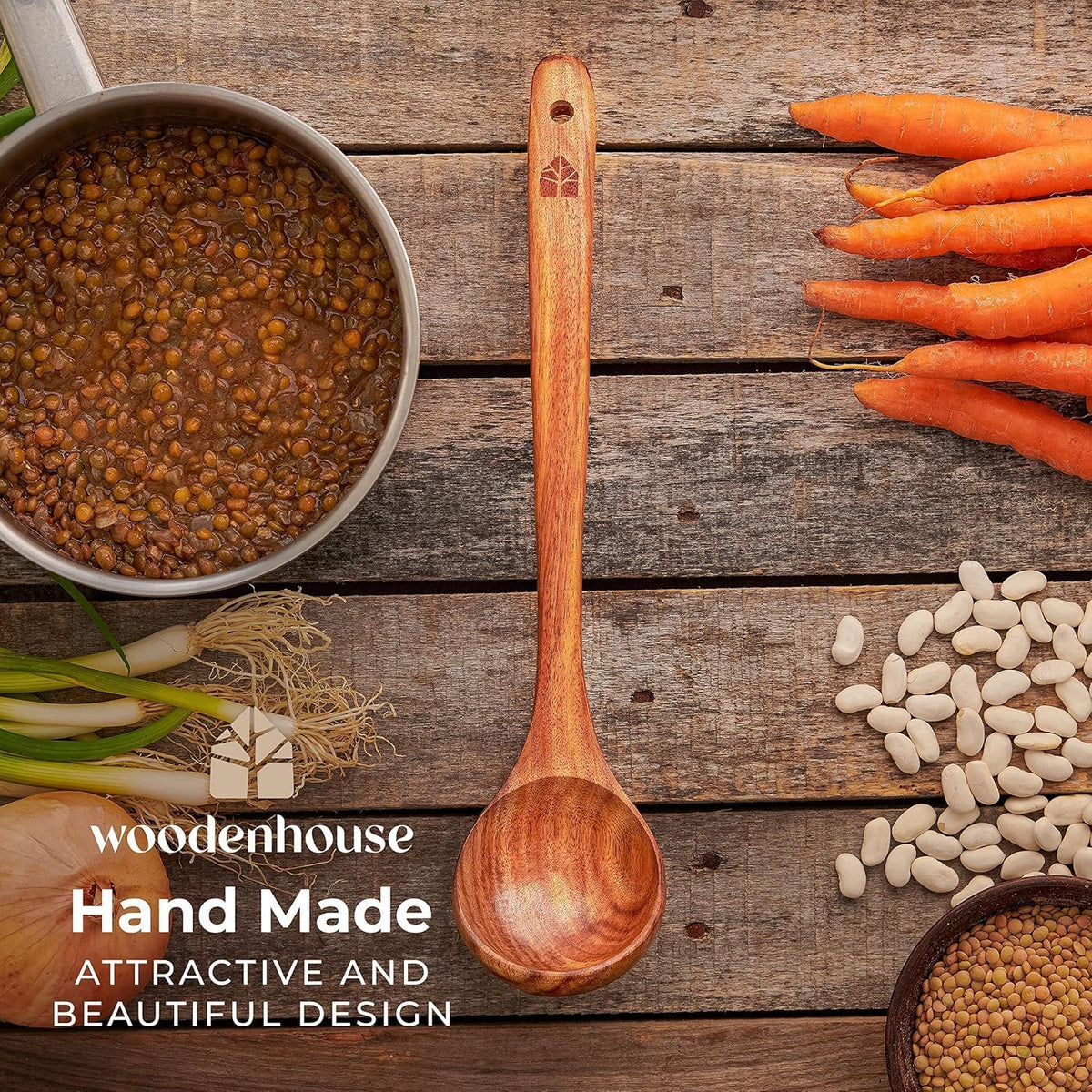 Wooden Ladle for Cooking, Soup Spoon Ladle – Teak Wooden Serving Spoon | Food-Safe, Natural & Sustainable – Non-Scratch & Responsibly Sourced, Great for Broth & Sauces