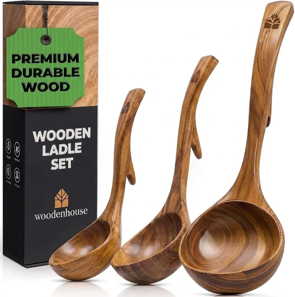 Wooden Ladle for Cooking, Soup Spoon Ladle – Teak Wooden Serving Spoon | Food-Safe, Natural & Sustainable – Non-Scratch & Responsibly Sourced, Great for Broth & Sauces