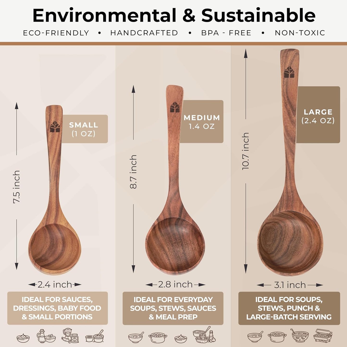 Wooden Ladle for Cooking, Soup Spoon Ladle – Teak Wooden Serving Spoon | Food-Safe, Natural & Sustainable – Non-Scratch & Responsibly Sourced, Great for Broth & Sauces
