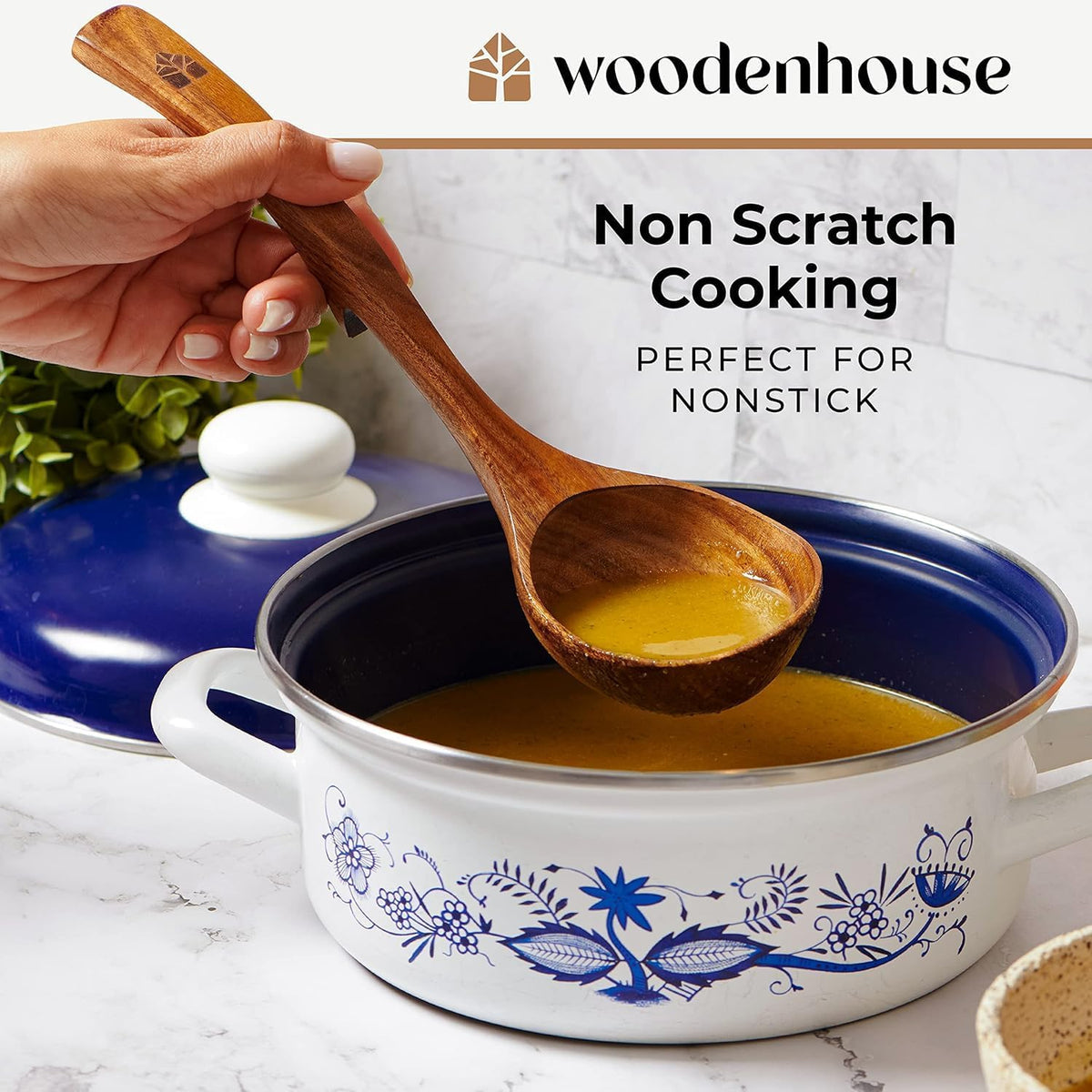 Wooden Ladle for Cooking, Soup Spoon Ladle – Teak Wooden Serving Spoon | Food-Safe, Natural & Sustainable – Non-Scratch & Responsibly Sourced, Great for Broth & Sauces