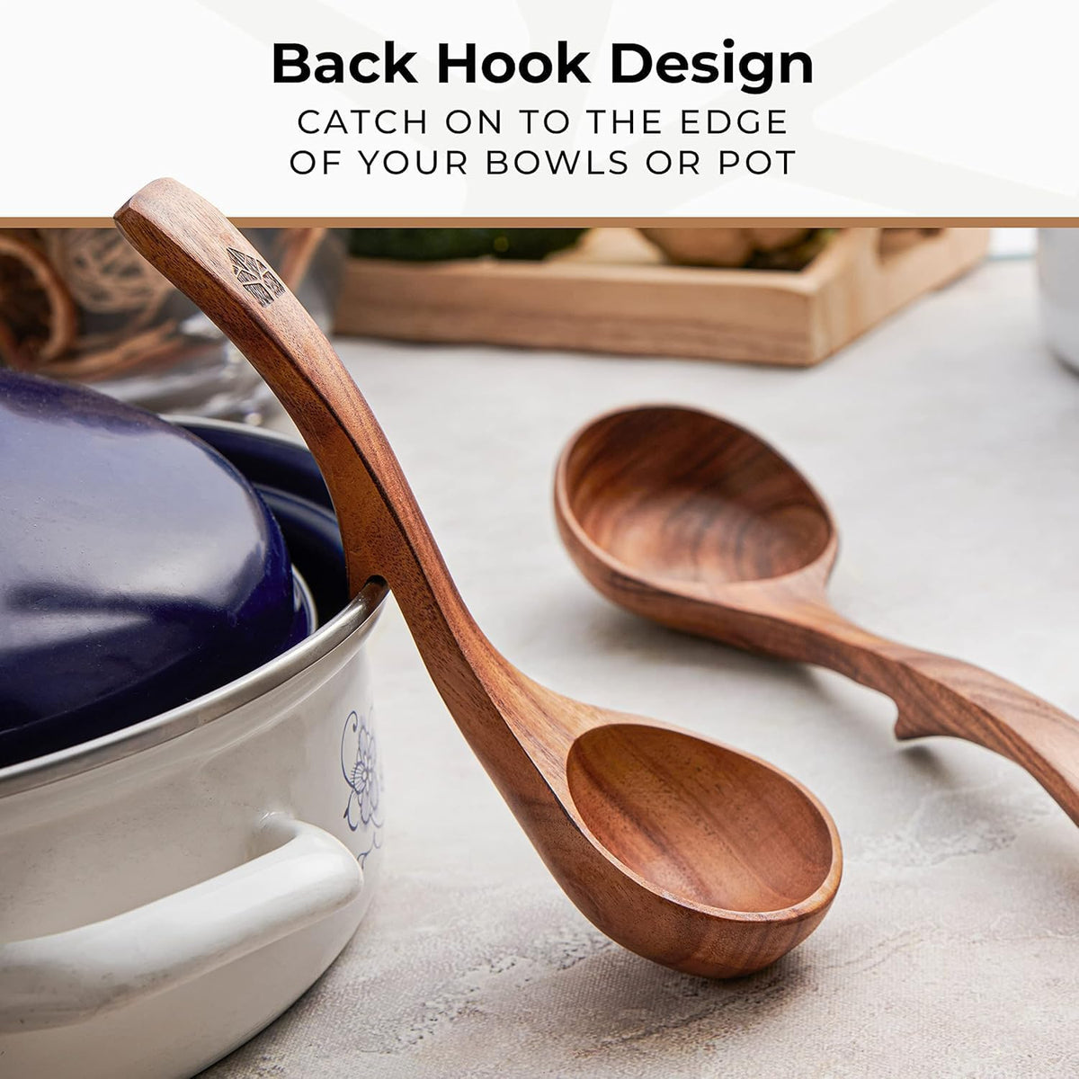 Wooden Ladle for Cooking, Soup Spoon Ladle – Teak Wooden Serving Spoon | Food-Safe, Natural & Sustainable – Non-Scratch & Responsibly Sourced, Great for Broth & Sauces