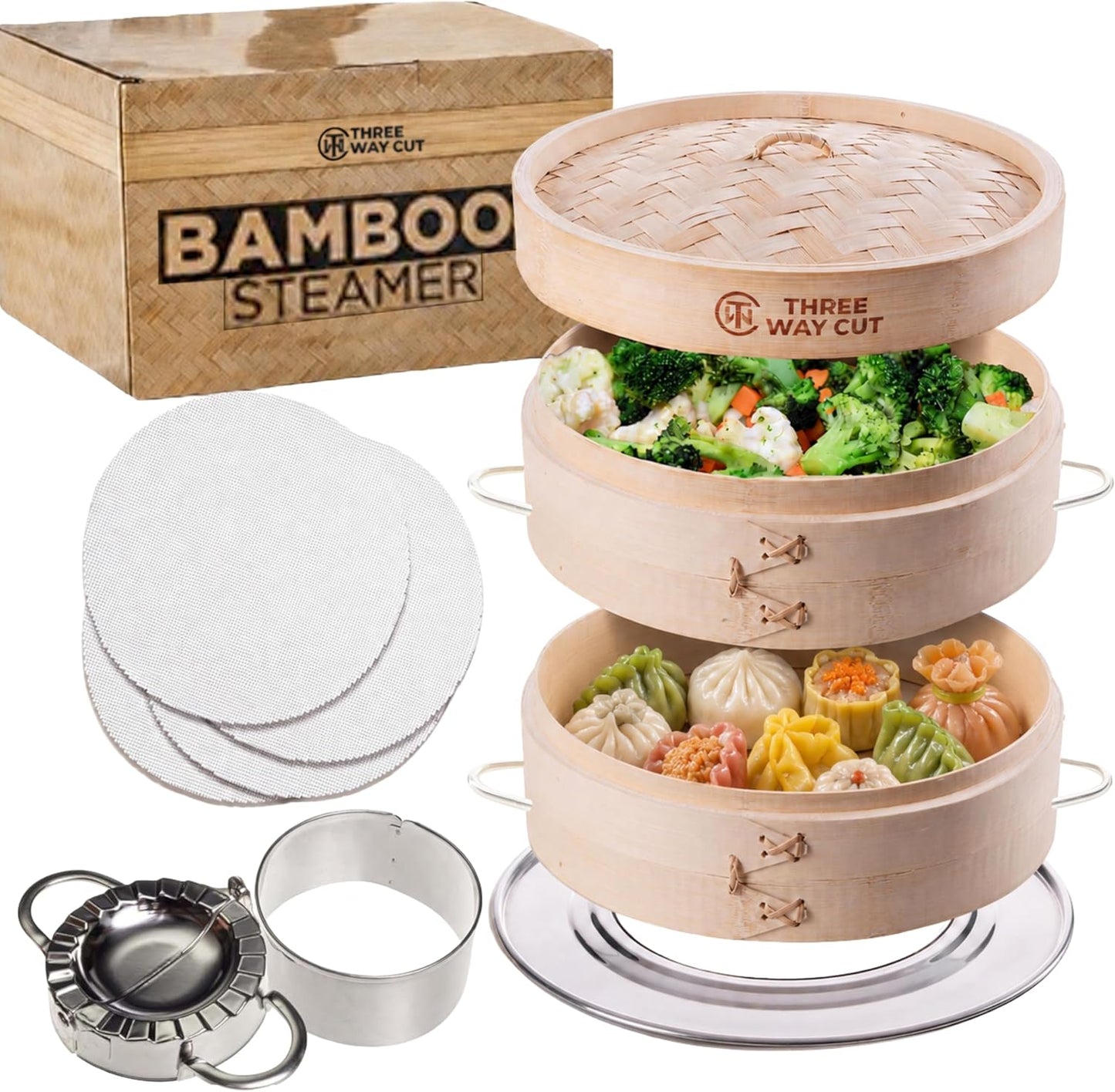 Bamboo Steamer 10 Inch 2 Tier Wooden Basket With Handle, Ring Adapter, Reusable Silicone Liner, Kit For Cooking Dumpling Baby Bao Bun, Dim Sum, Rice Potsticker Steaming Chinese Asian Food & Vegetables