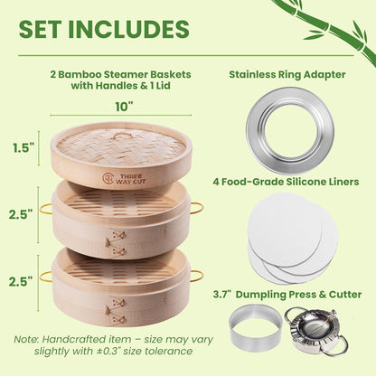 Bamboo Steamer 10 Inch 2 Tier Wooden Basket With Handle, Ring Adapter, Reusable Silicone Liner, Kit For Cooking Dumpling Baby Bao Bun, Dim Sum, Rice Potsticker Steaming Chinese Asian Food & Vegetables