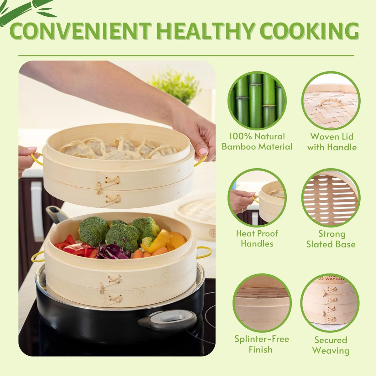 Bamboo Steamer 10 Inch 2 Tier Wooden Basket With Handle, Ring Adapter, Reusable Silicone Liner, Kit For Cooking Dumpling Baby Bao Bun, Dim Sum, Rice Potsticker Steaming Chinese Asian Food & Vegetables