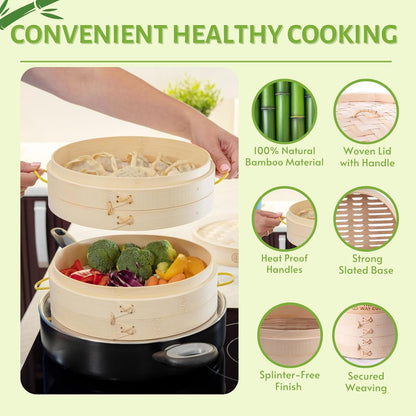 Bamboo Steamer 10 Inch 2 Tier Wooden Basket With Handle, Ring Adapter, Reusable Silicone Liner, Kit For Cooking Dumpling Baby Bao Bun, Dim Sum, Rice Potsticker Steaming Chinese Asian Food & Vegetables