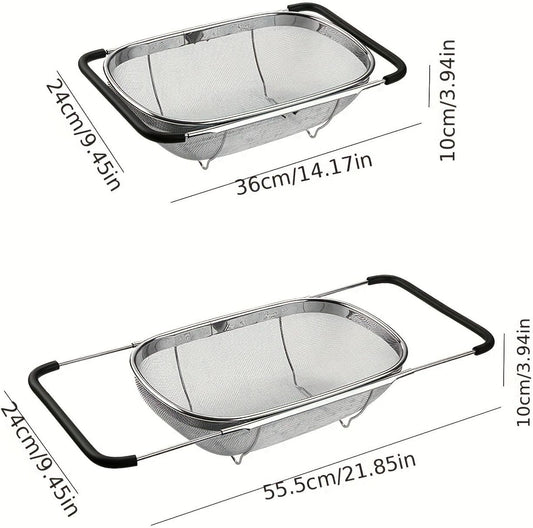 NikLye Stainless Steel Over the Sink Colander Basket with Expandable Handles, 6 Quart Fine Mesh Strainer for Pasta, Vegetables and Rice