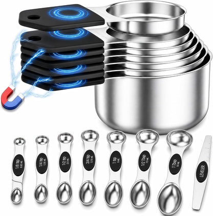 Magnetic Measuring Cups & Spoons Set, Strong N45 Magnets, Heavy Duty 304 Stainless Steel Fits in Spice Jars for Baking & Cooking, BPA Free, Round Set of 15 with Leveler, Light Colorful