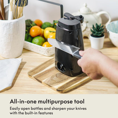 Electric Can Opener and Knife Sharpener, Removable Cutting Lever, Cord Storage, Stainless Steel Blade, Black